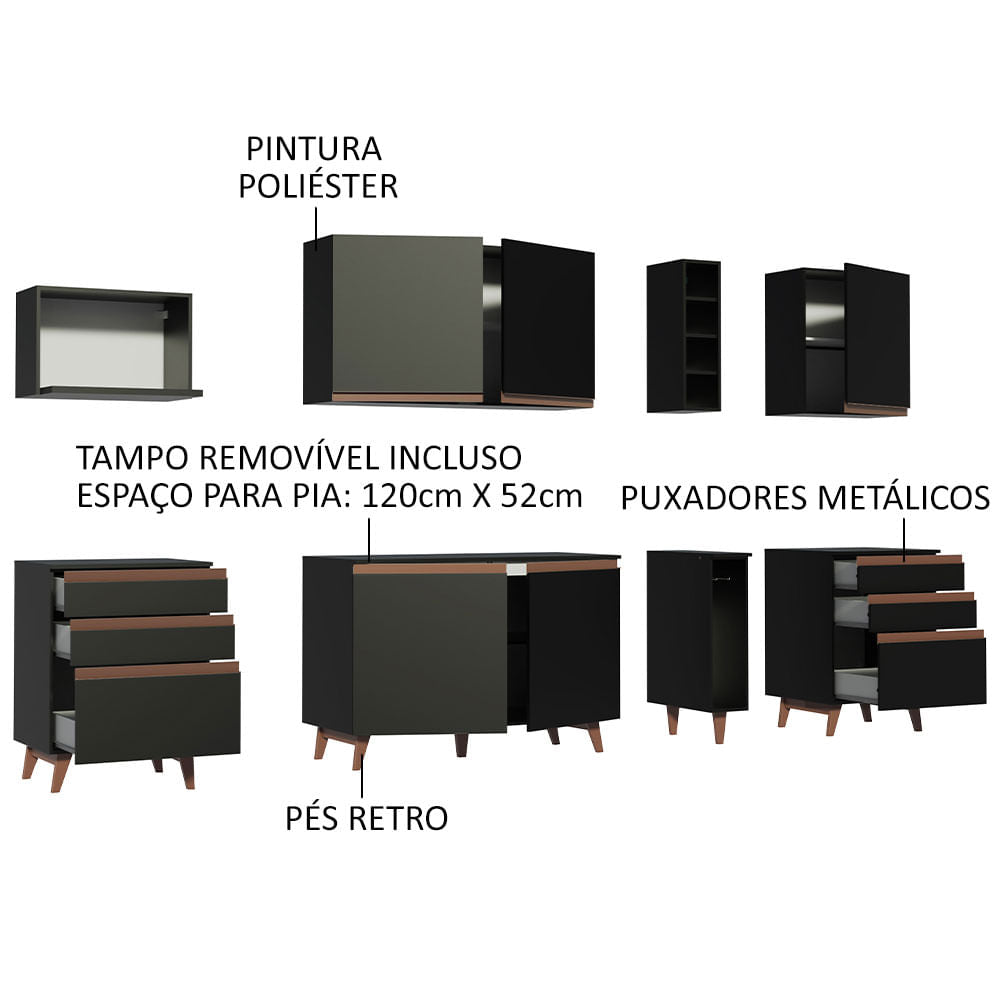 Armário de Cozinha Completa 260cm Preto Reims Madesa 06