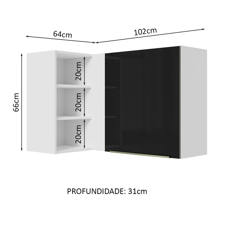 Armário Aéreo de Canto com Adega Acoplada Madesa Lux 1 Porta Branco/Preto