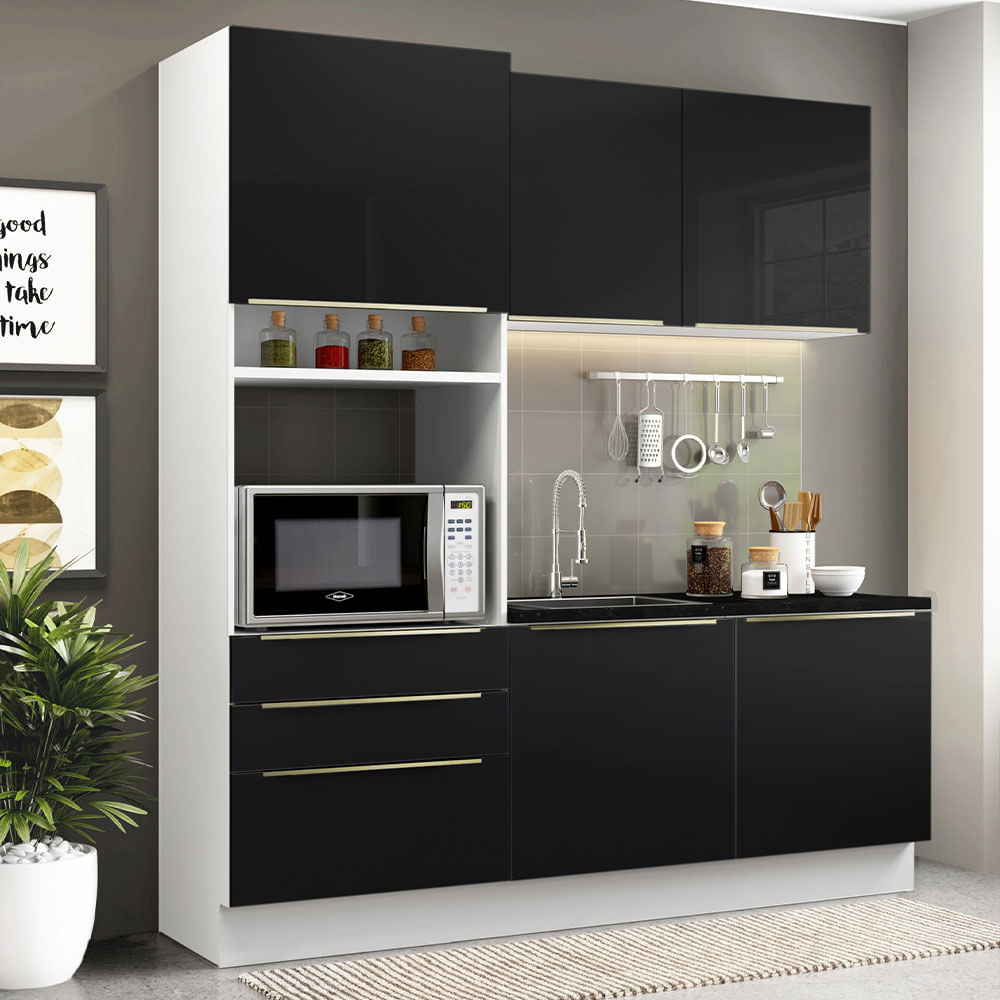 Armário de Cozinha Compacta 180cm Branco/Preto Lux Madesa 01 - Branco/Preto
