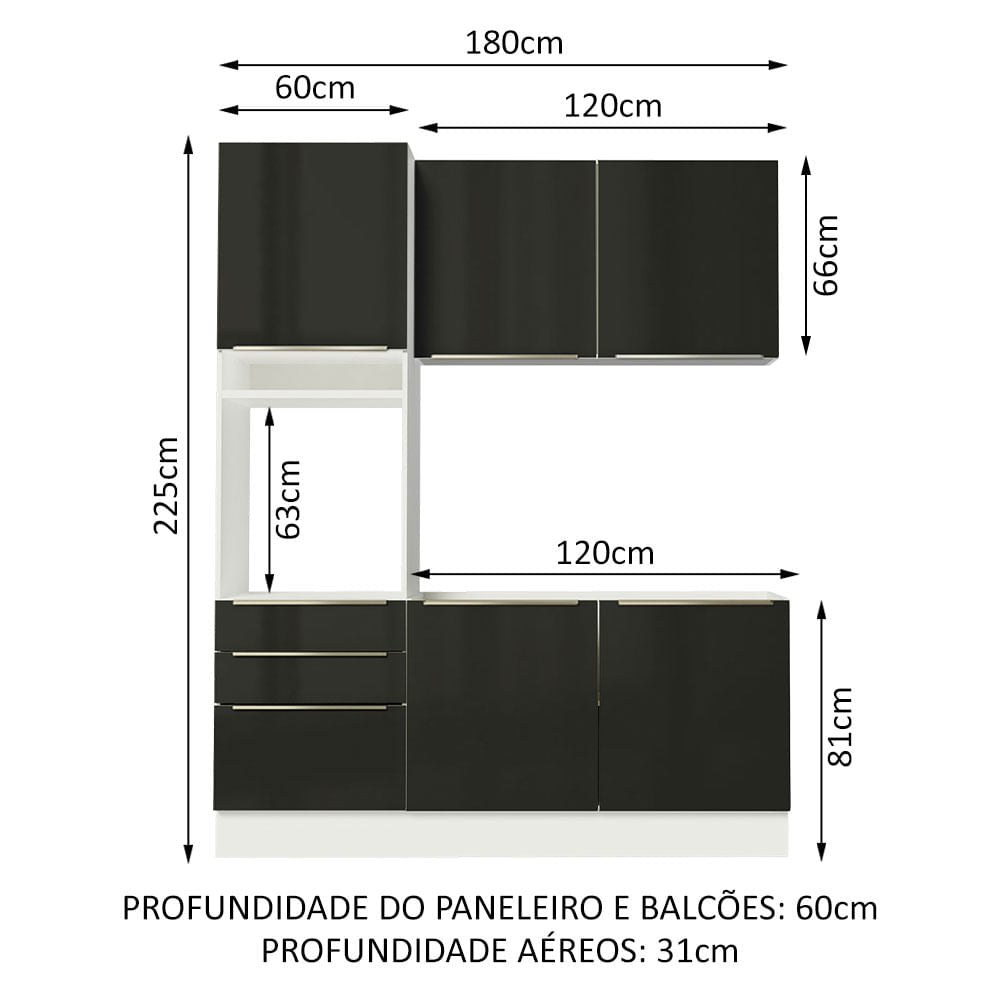 Armário de Cozinha Compacta 180cm Branco/Preto Lux Madesa 01