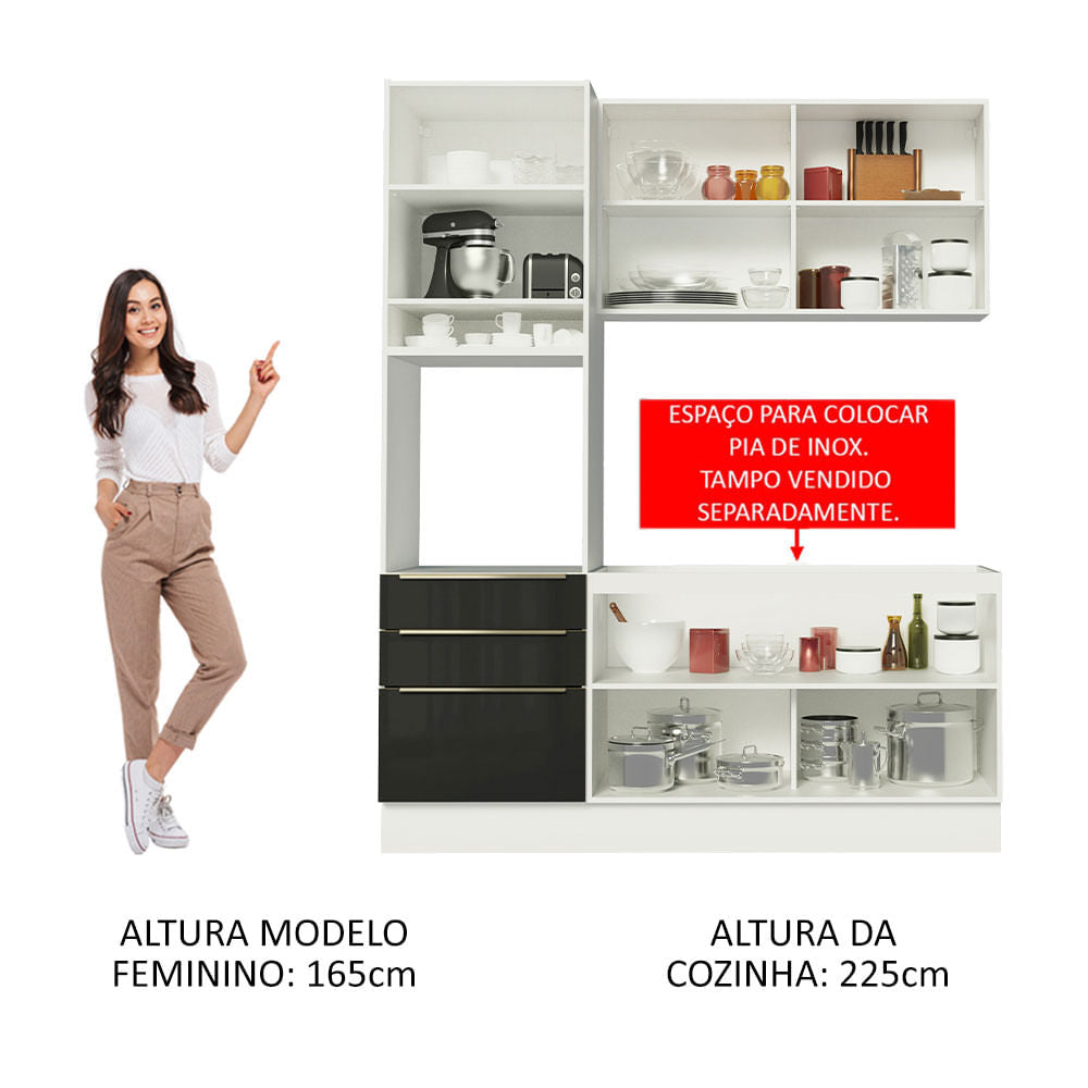 Armário de Cozinha Compacta 180cm Branco/Preto Lux Madesa 01