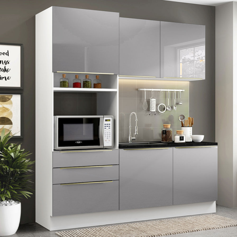 Armário de Cozinha Compacta 180cm Branco/Cinza Lux Madesa 01 - Branco/Cinza