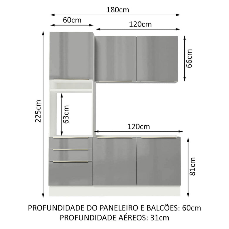 Armário de Cozinha Compacta 180cm Branco/Cinza Lux Madesa 01