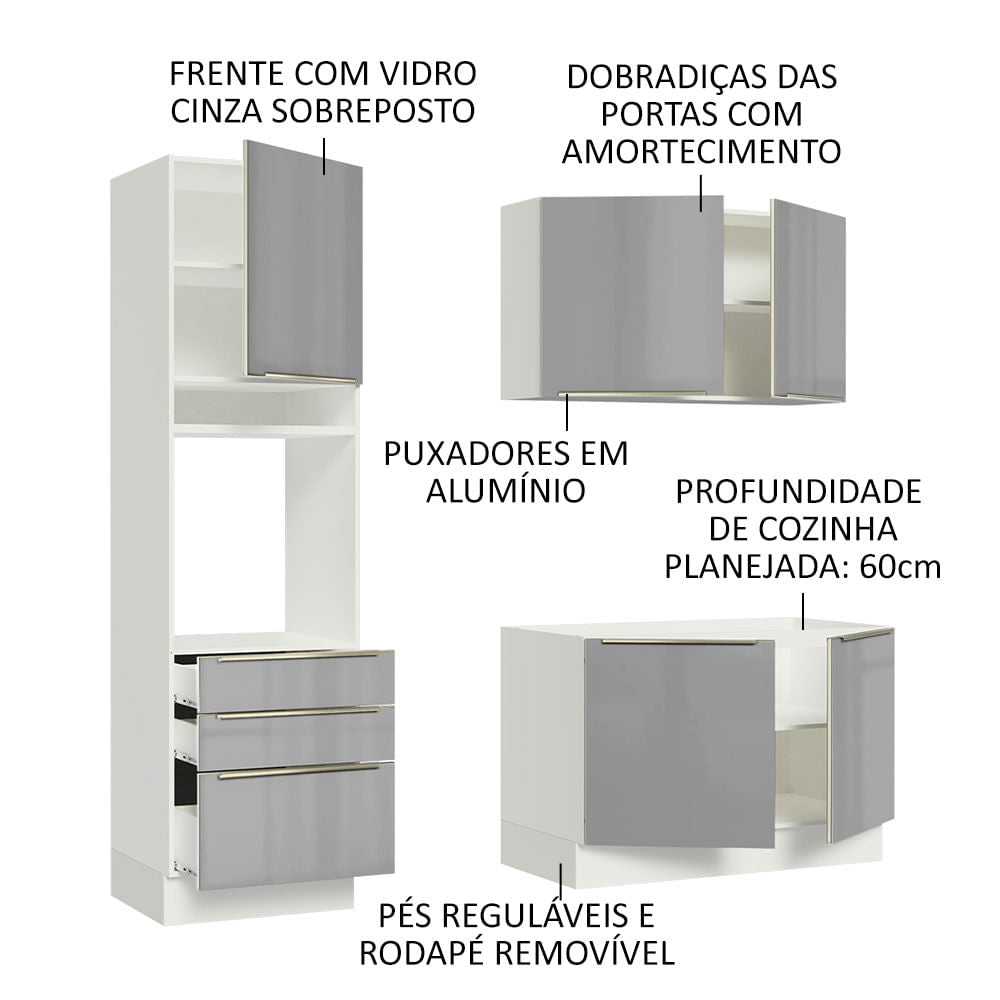 Armário de Cozinha Compacta 180cm Branco/Cinza Lux Madesa 01