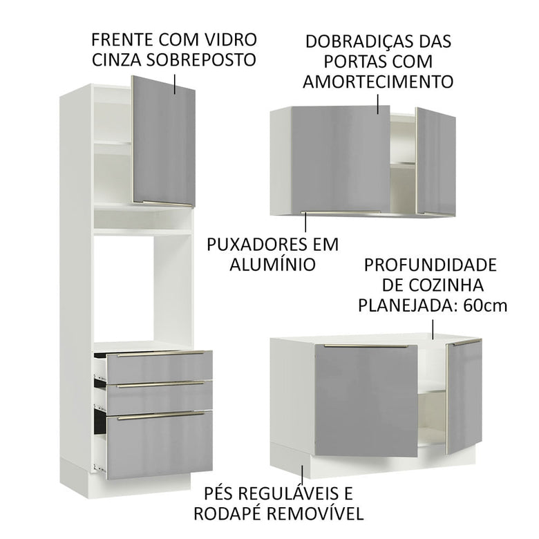Armário de Cozinha Compacta 180cm Branco/Cinza Lux Madesa 01