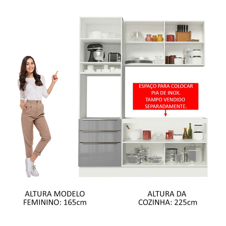 Armário de Cozinha Compacta 180cm Branco/Cinza Lux Madesa 01