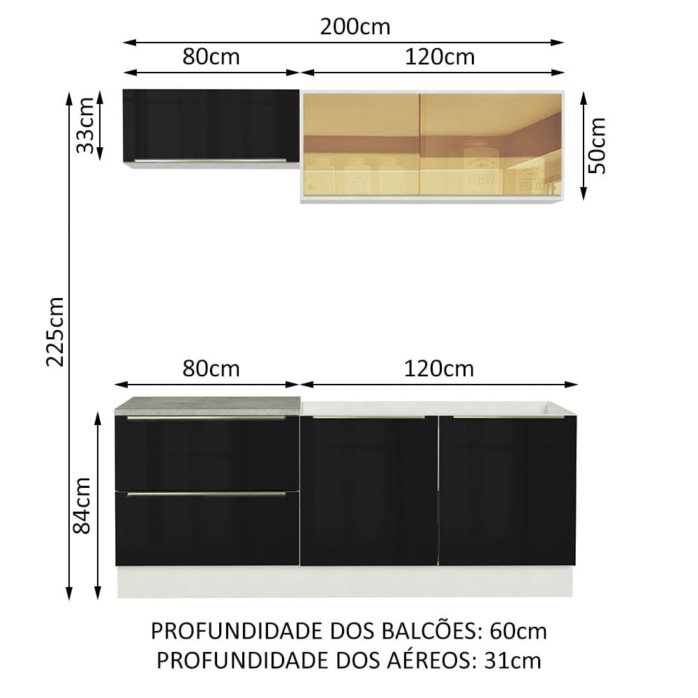 Armário de Cozinha Compacta 200cm Branco/Preto Lux Madesa 01