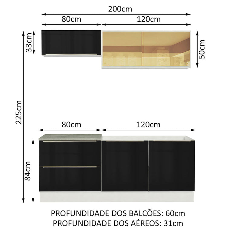 Armário de Cozinha Compacta 200cm Branco/Preto Lux Madesa 01