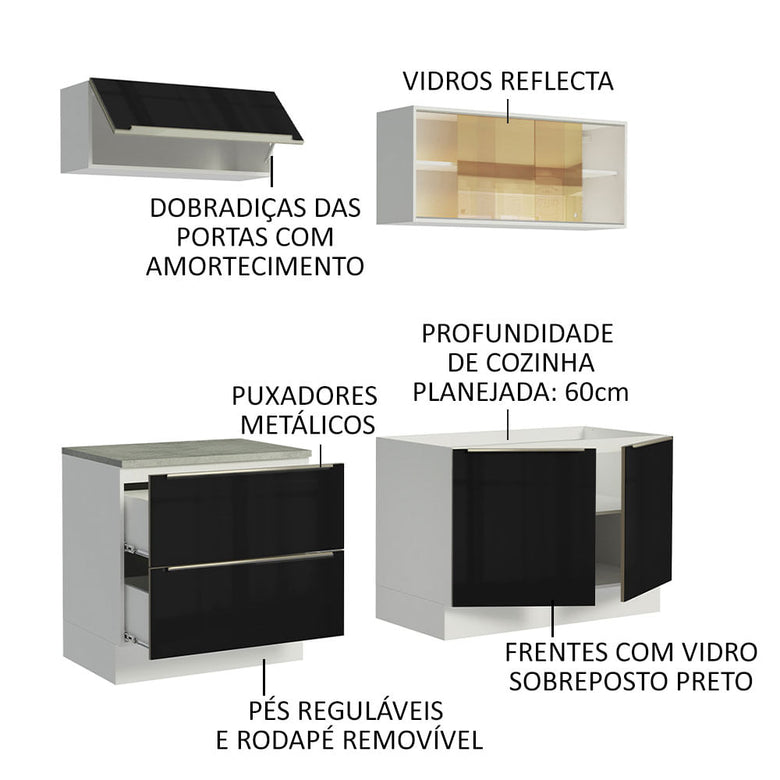 Armário de Cozinha Compacta 200cm Branco/Preto Lux Madesa 01