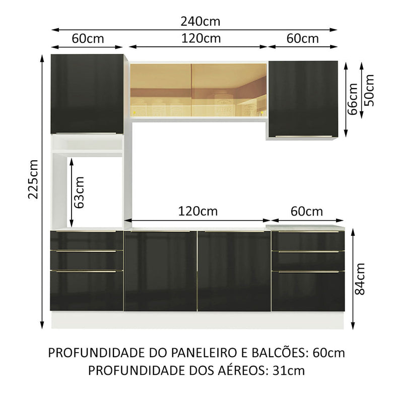 Armário de Cozinha Completa 240cm Branco/Preto Lux Madesa 02