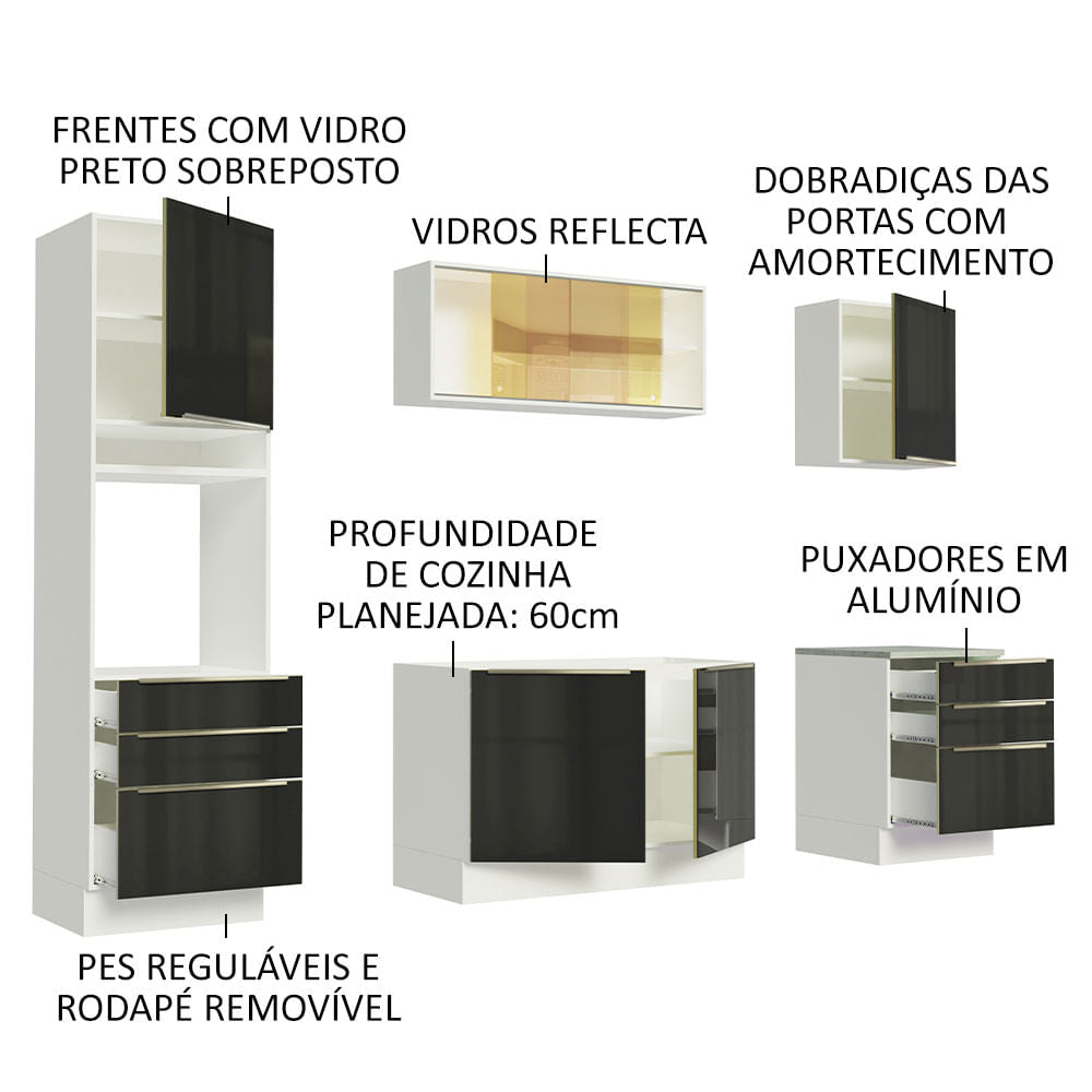Armário de Cozinha Completa 240cm Branco/Preto Lux Madesa 02