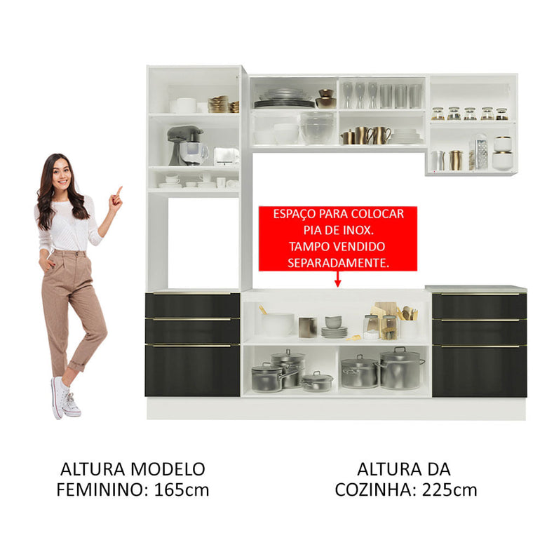 Armário de Cozinha Completa 240cm Branco/Preto Lux Madesa 02