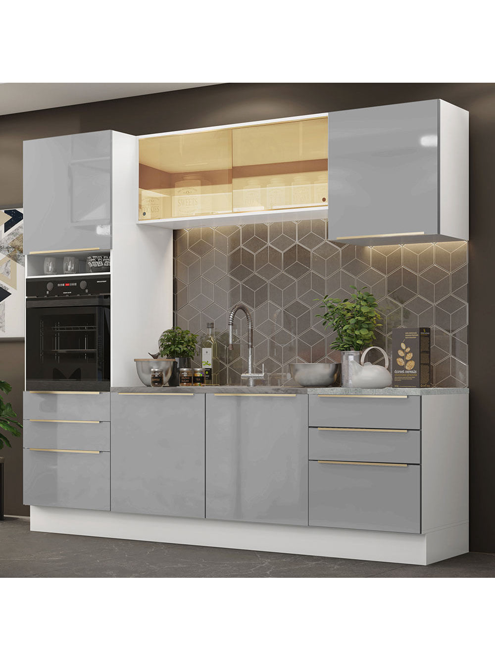 Armário de Cozinha Completa 240cm Branco/Cinza Lux Madesa 02 - Branco/Cinza