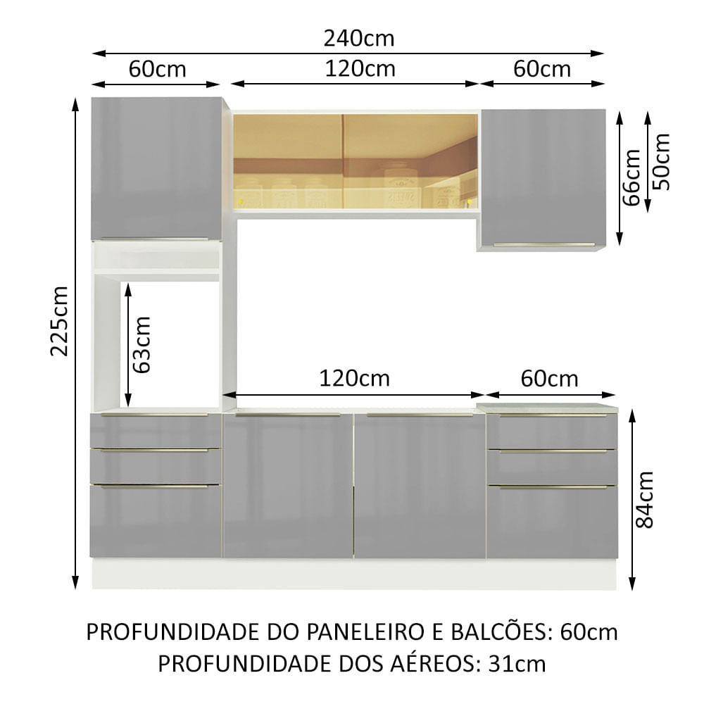 Armário de Cozinha Completa 240cm Branco/Cinza Lux Madesa 02