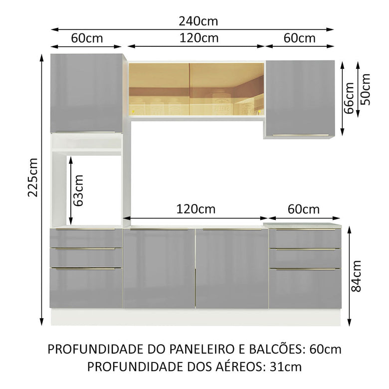 Armário de Cozinha Completa 240cm Branco/Cinza Lux Madesa 02
