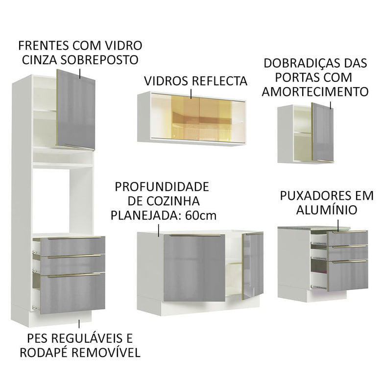 Armário de Cozinha Completa 240cm Branco/Cinza Lux Madesa 02