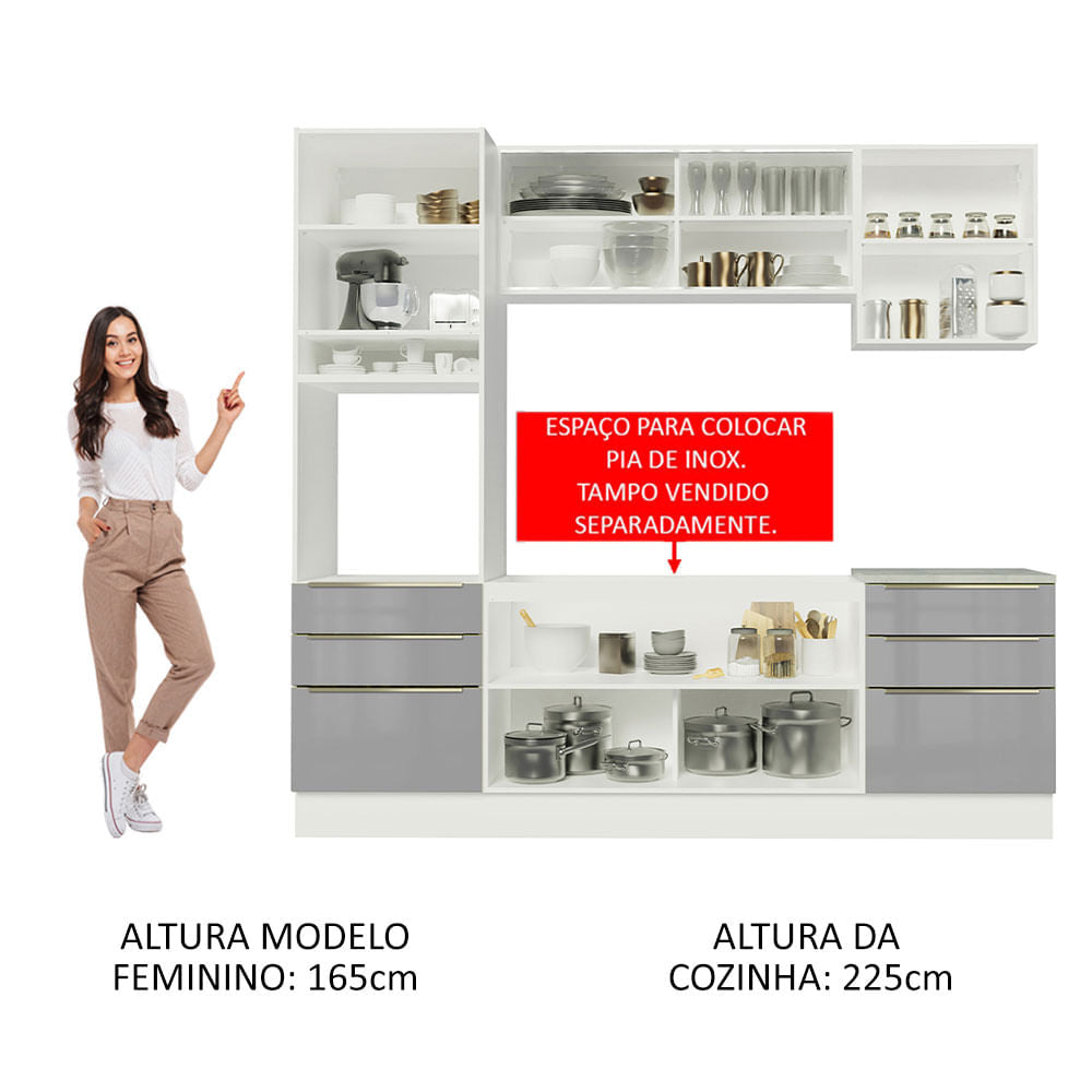 Armário de Cozinha Completa 240cm Branco/Cinza Lux Madesa 02