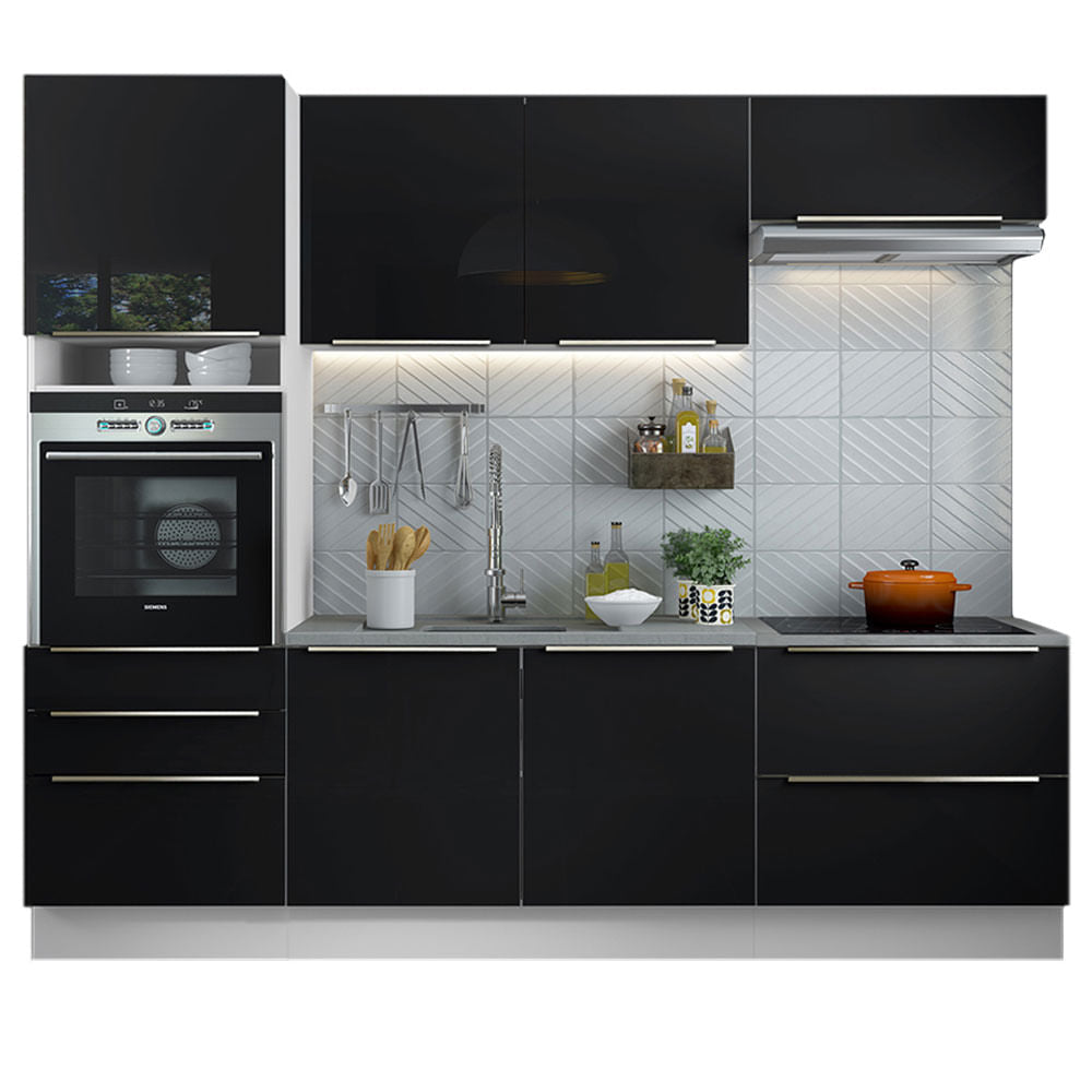 Armário de Cozinha Completa 260cm Branco/Preto Lux Madesa 01 - Branco/Preto