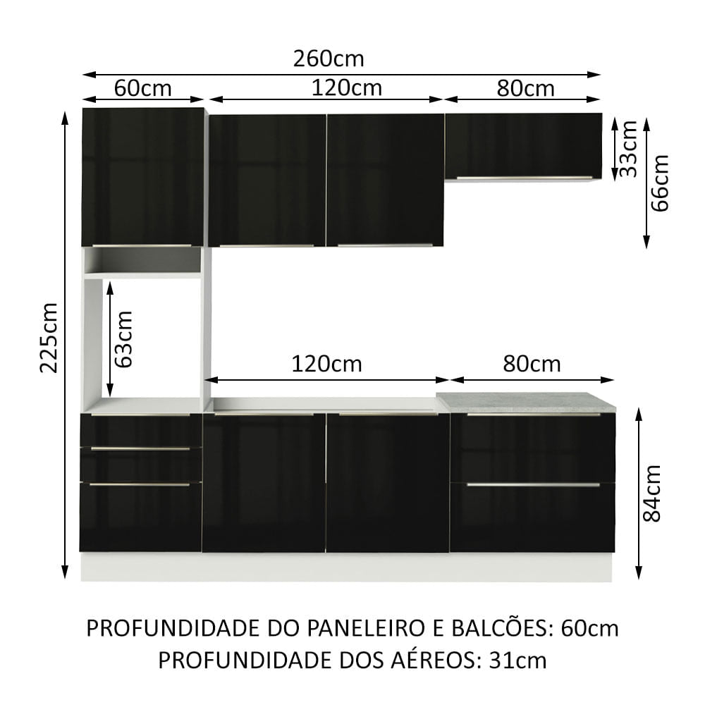 Armário de Cozinha Completa 260cm Branco/Preto Lux Madesa 01