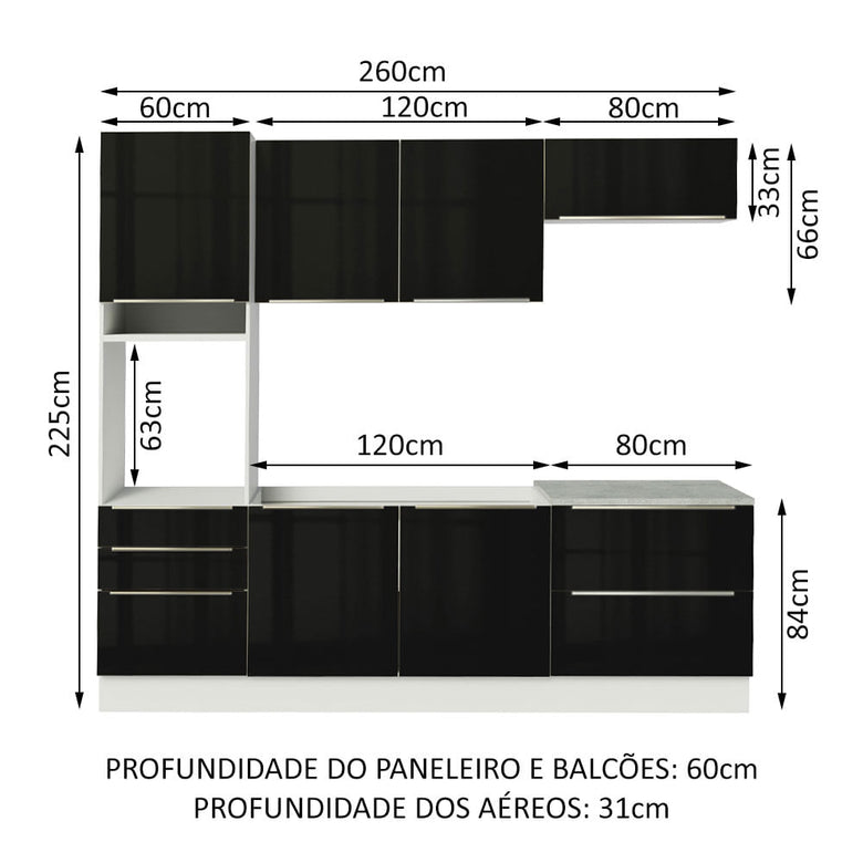 Armário de Cozinha Completa 260cm Branco/Preto Lux Madesa 01