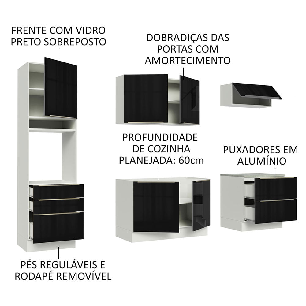 Armário de Cozinha Completa 260cm Branco/Preto Lux Madesa 01
