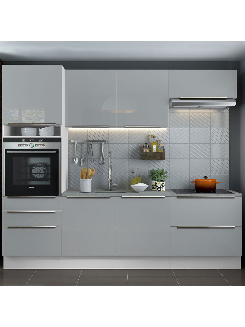 Armário de Cozinha Completa 260cm Branco/Cinza Lux Madesa 01 - Branco/Cinza
