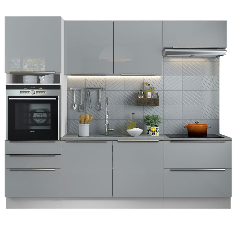Armário de Cozinha Completa 260cm Branco/Cinza Lux Madesa 01 - Branco/Cinza