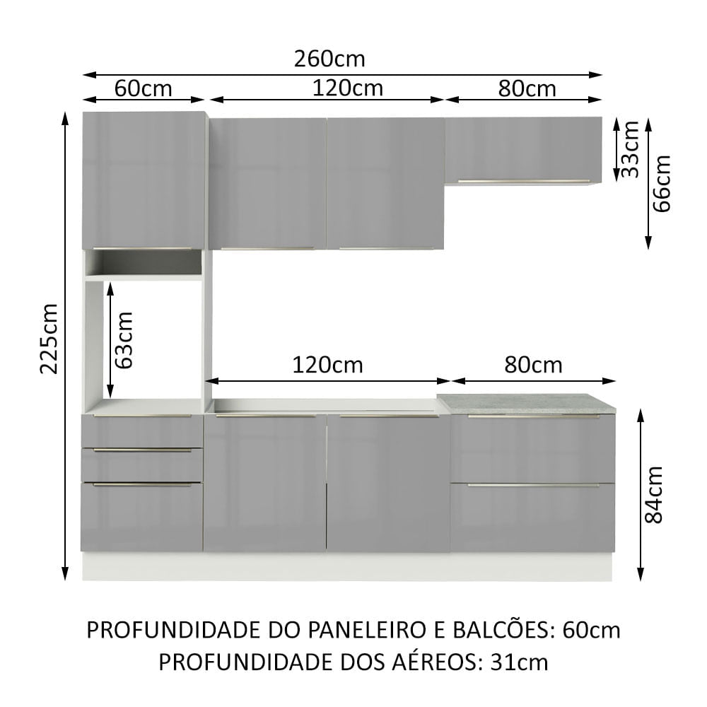 Armário de Cozinha Completa 260cm Branco/Cinza Lux Madesa 01