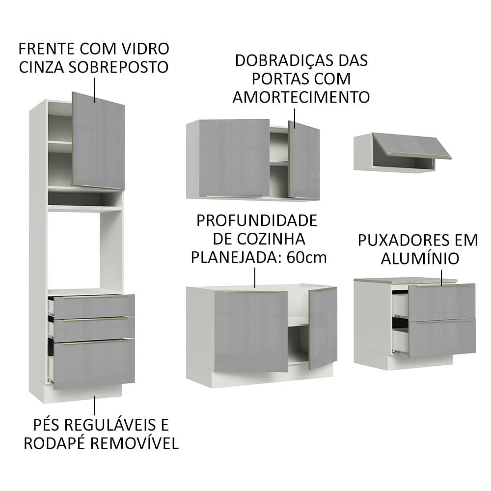 Armário de Cozinha Completa 260cm Branco/Cinza Lux Madesa 01