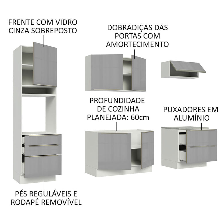 Armário de Cozinha Completa 260cm Branco/Cinza Lux Madesa 01
