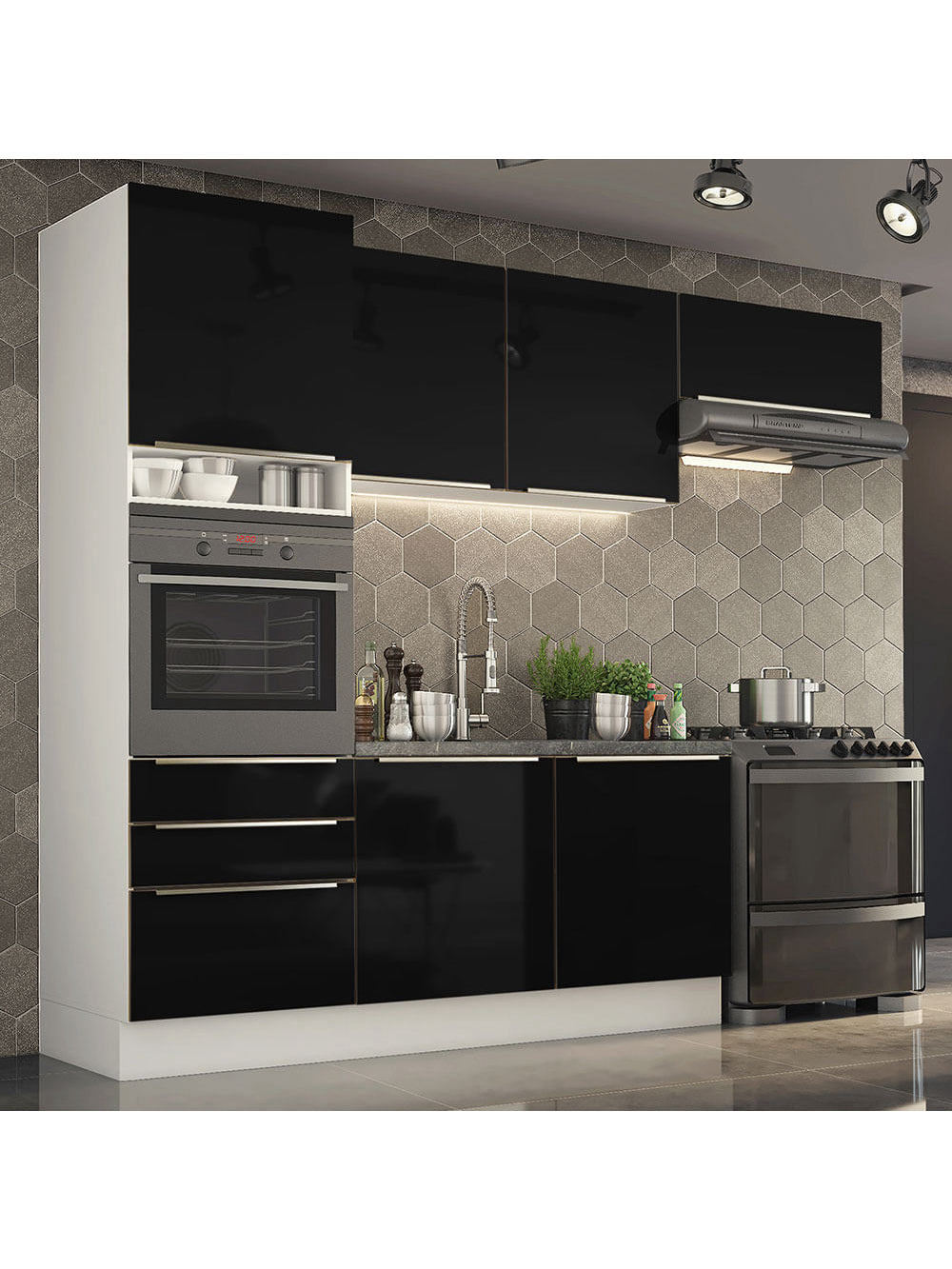 Armário de Cozinha Completa 260cm Branco/Preto Lux Madesa 03 - Branco/Preto