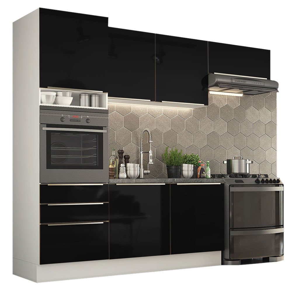 Armário de Cozinha Completa 260cm Branco/Preto Lux Madesa 03 - Branco/Preto