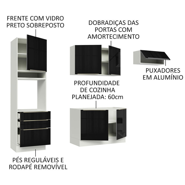 Armário de Cozinha Completa 260cm Branco/Preto Lux Madesa 03