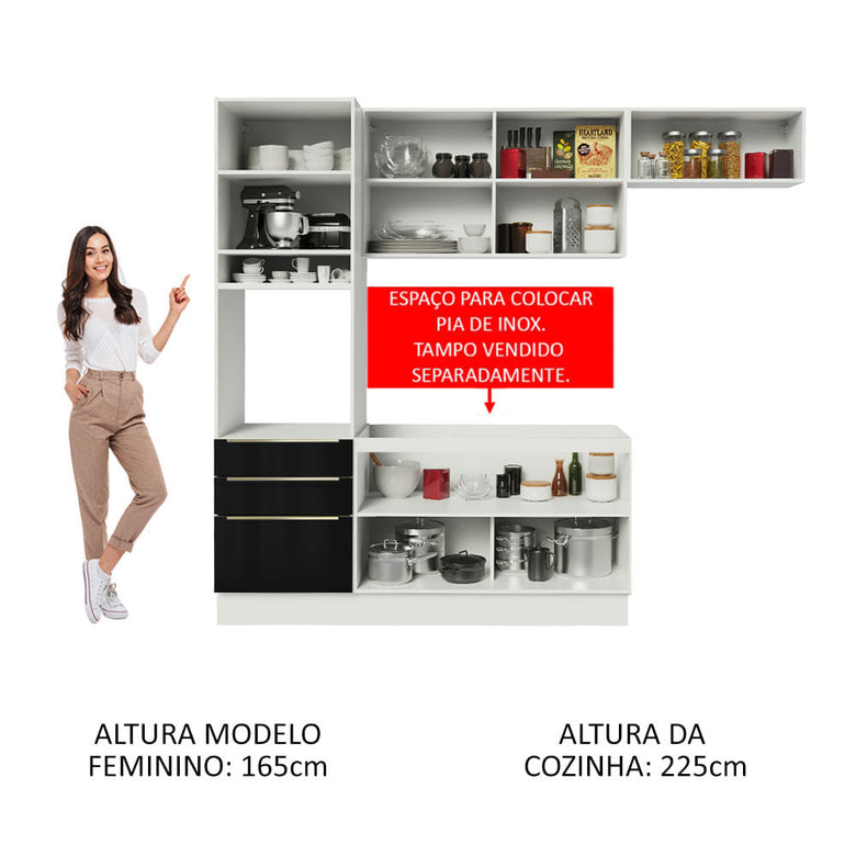 Armário de Cozinha Completa 260cm Branco/Preto Lux Madesa 03