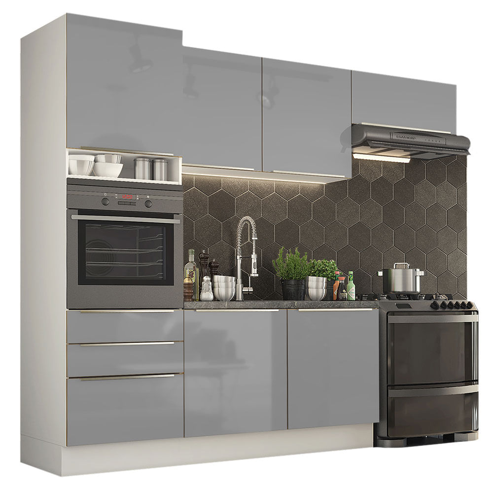 Armário de Cozinha Completa 260cm Branco/Cinza Lux Madesa 03 - Branco/Cinza