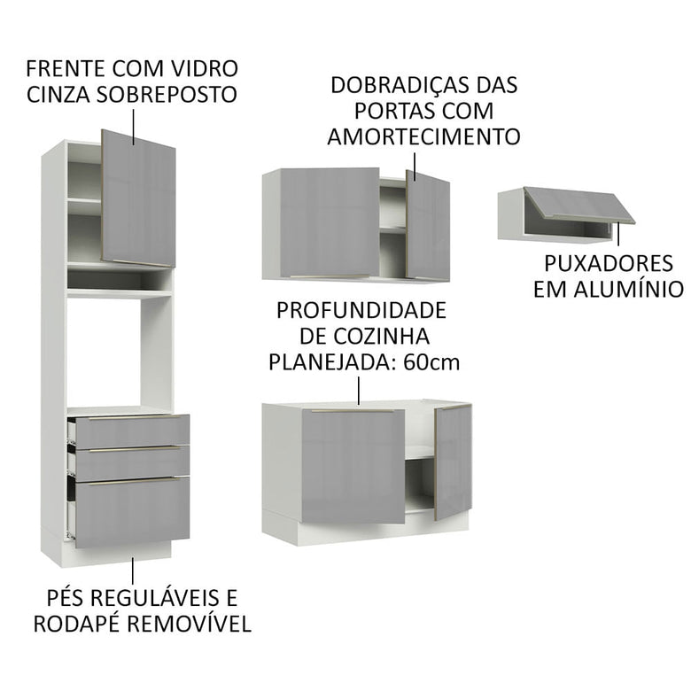 Armário de Cozinha Completa 260cm Branco/Cinza Lux Madesa 03