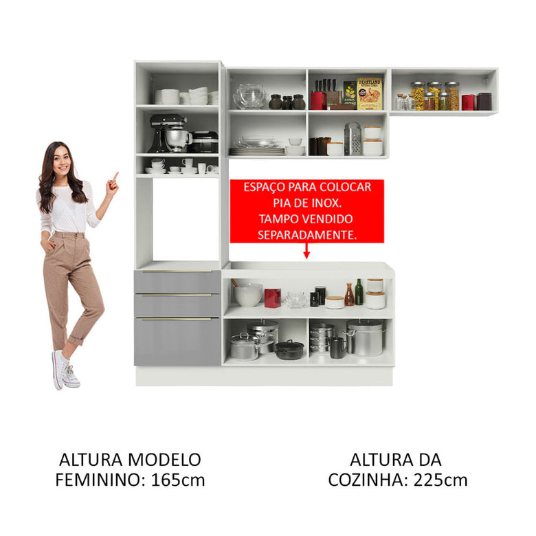 Armário de Cozinha Completa 260cm Branco/Cinza Lux Madesa 03