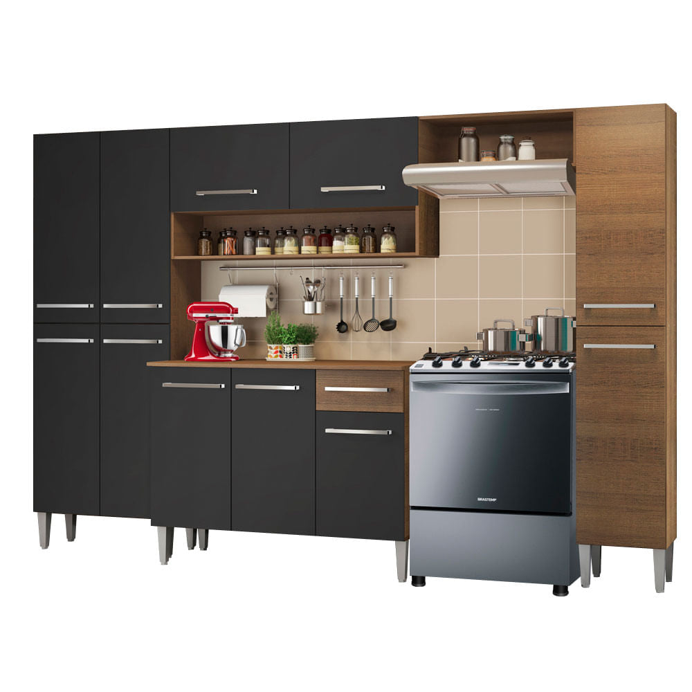 Armário de Cozinha Completa 261cm Rustic/Preto Emilly Hit Madesa XA - Rustic/Preto