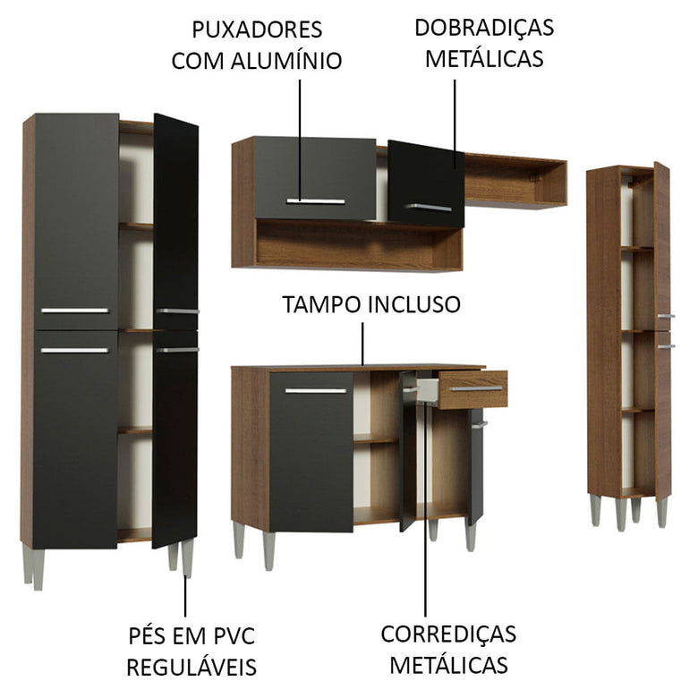 Armário de Cozinha Completa 261cm Rustic/Preto Emilly Hit Madesa XA