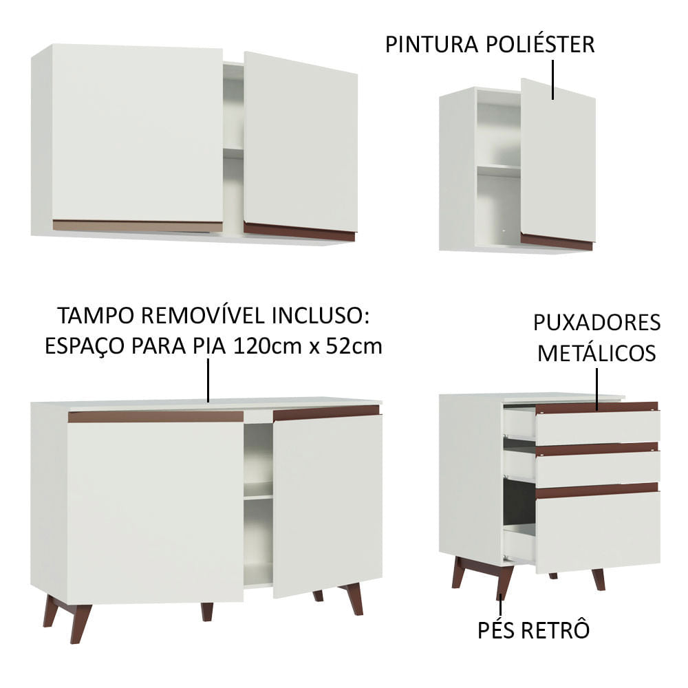 Armário de Cozinha Compacta Madesa Reims com Balcão 5 Portas 3 Gavetas Branco