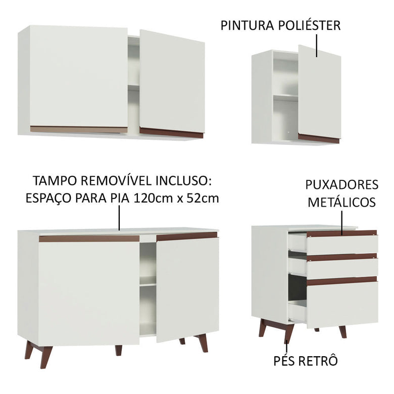 Armário de Cozinha Compacta Madesa Reims com Balcão 5 Portas 3 Gavetas Branco