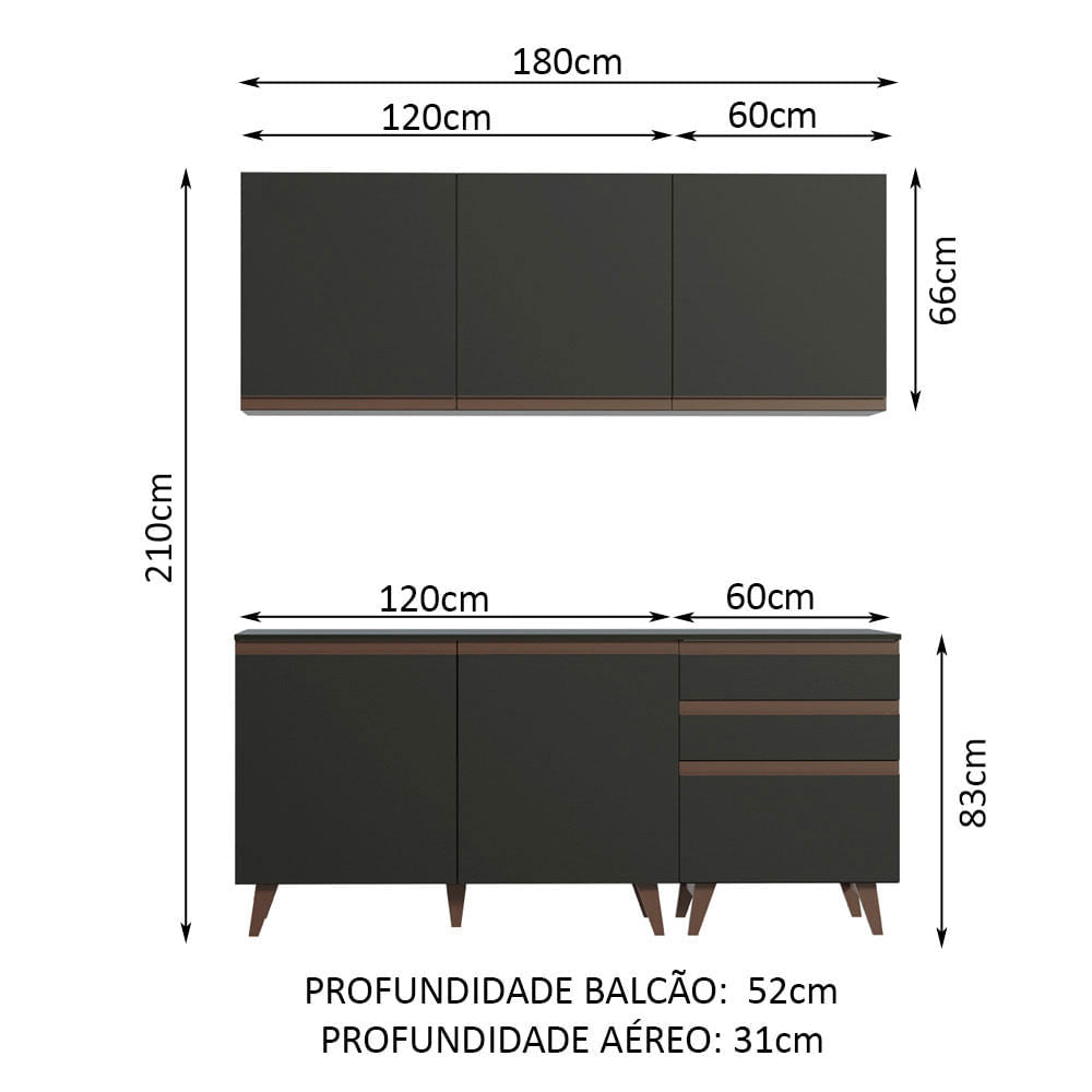 Armário de Cozinha Compacta Madesa Reims com Balcão 5 Portas 3 Gavetas Preto
