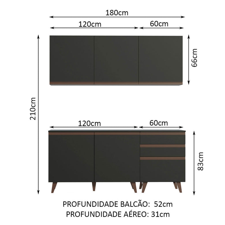 Armário de Cozinha Compacta Madesa Reims com Balcão 5 Portas 3 Gavetas Preto