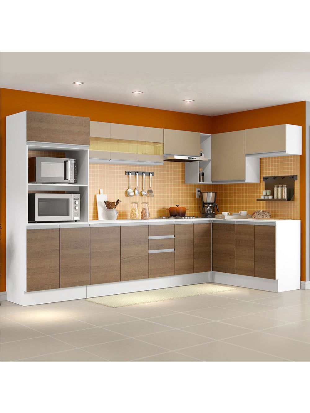 Armário de Cozinha Completa de Canto 100% MDF 448 cm Branco/Rustic/Crema Smart Madesa XA01 - Branco/Rustic/Crema