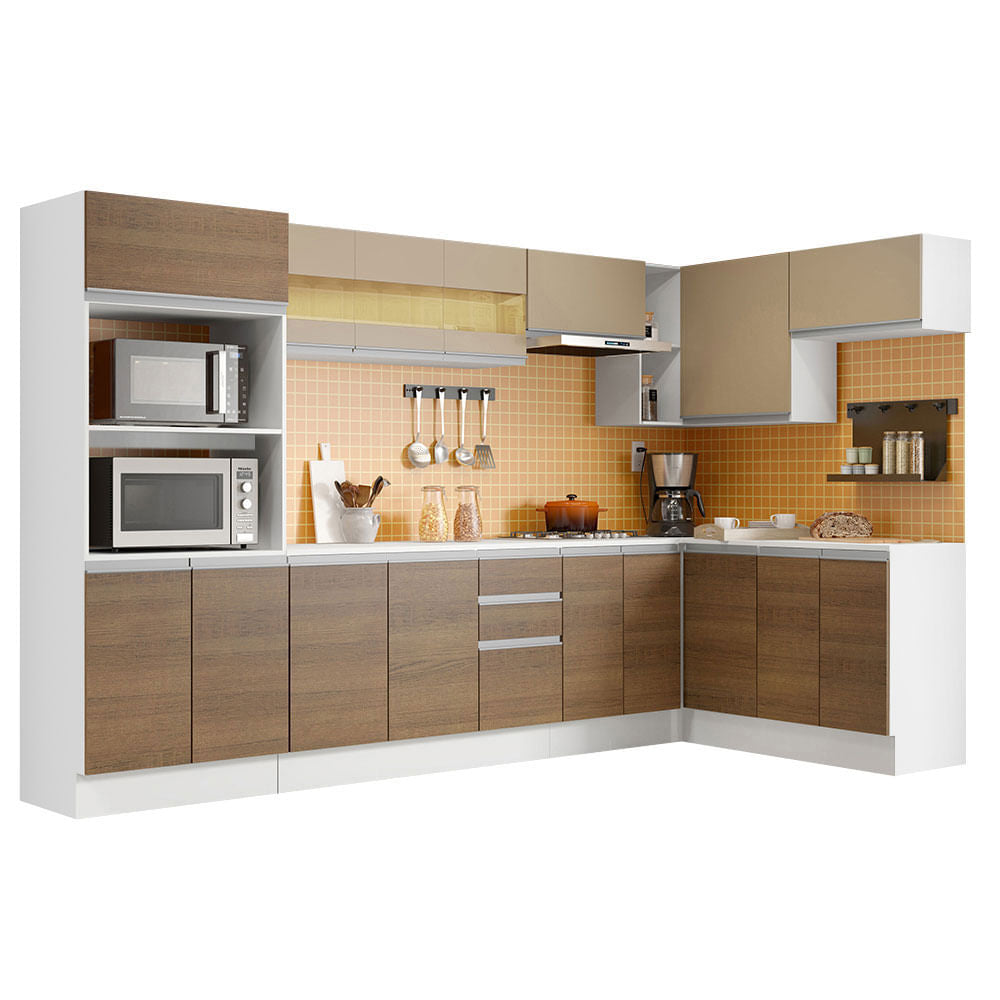 Armário de Cozinha Completa de Canto 100% MDF 448 cm Branco/Rustic/Crema Smart Madesa XA01 - Branco/Rustic/Crema