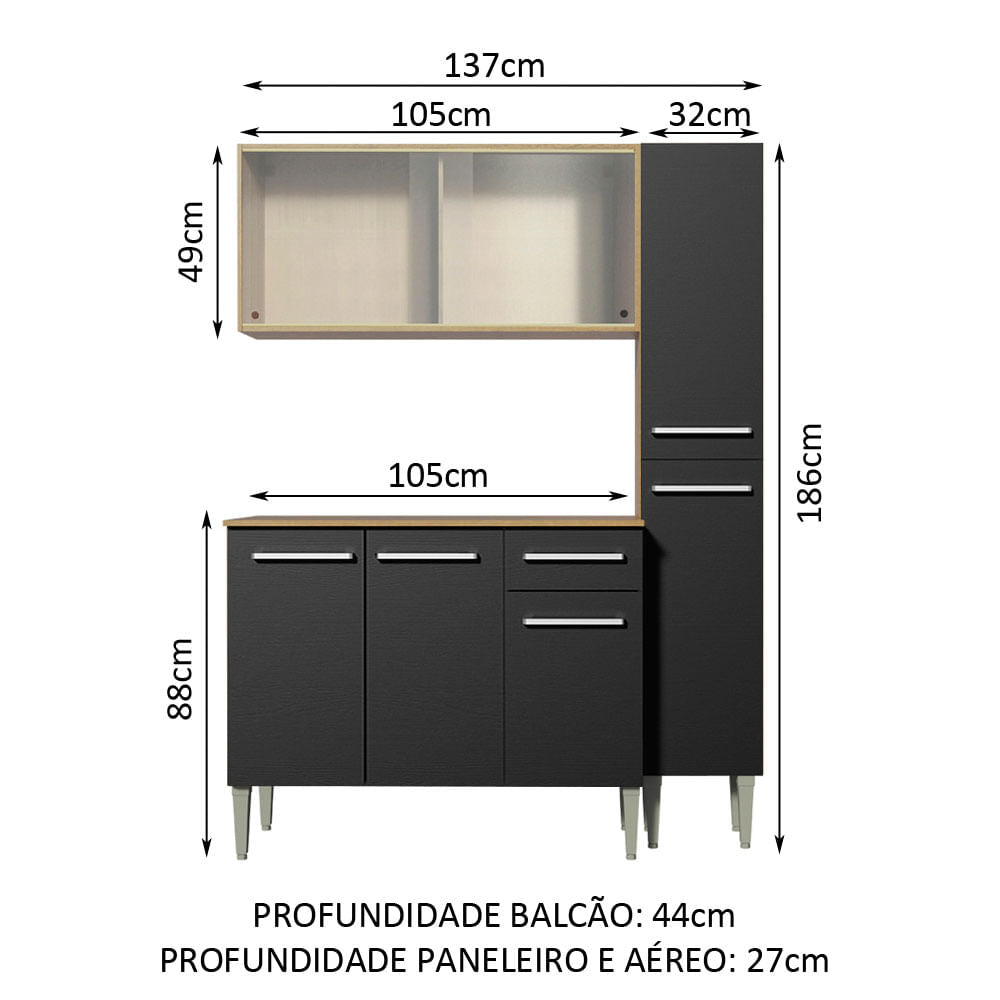 Armário de Cozinha Compacta Madesa Emilly Force com Balcão e Paneleiro Rustic/Preto
