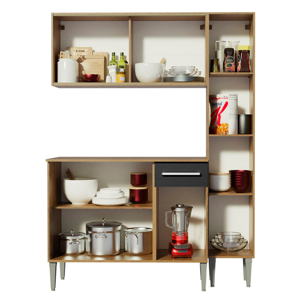 Armário de Cozinha Compacta Madesa Emilly Force com Balcão e Paneleiro Rustic/Preto