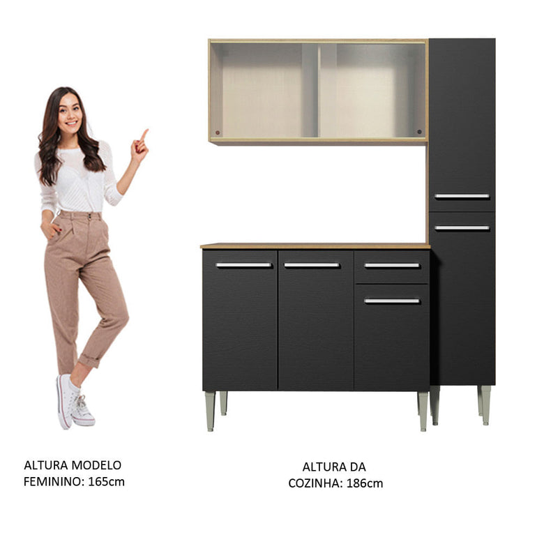 Armário de Cozinha Compacta Madesa Emilly Force com Balcão e Paneleiro Rustic/Preto