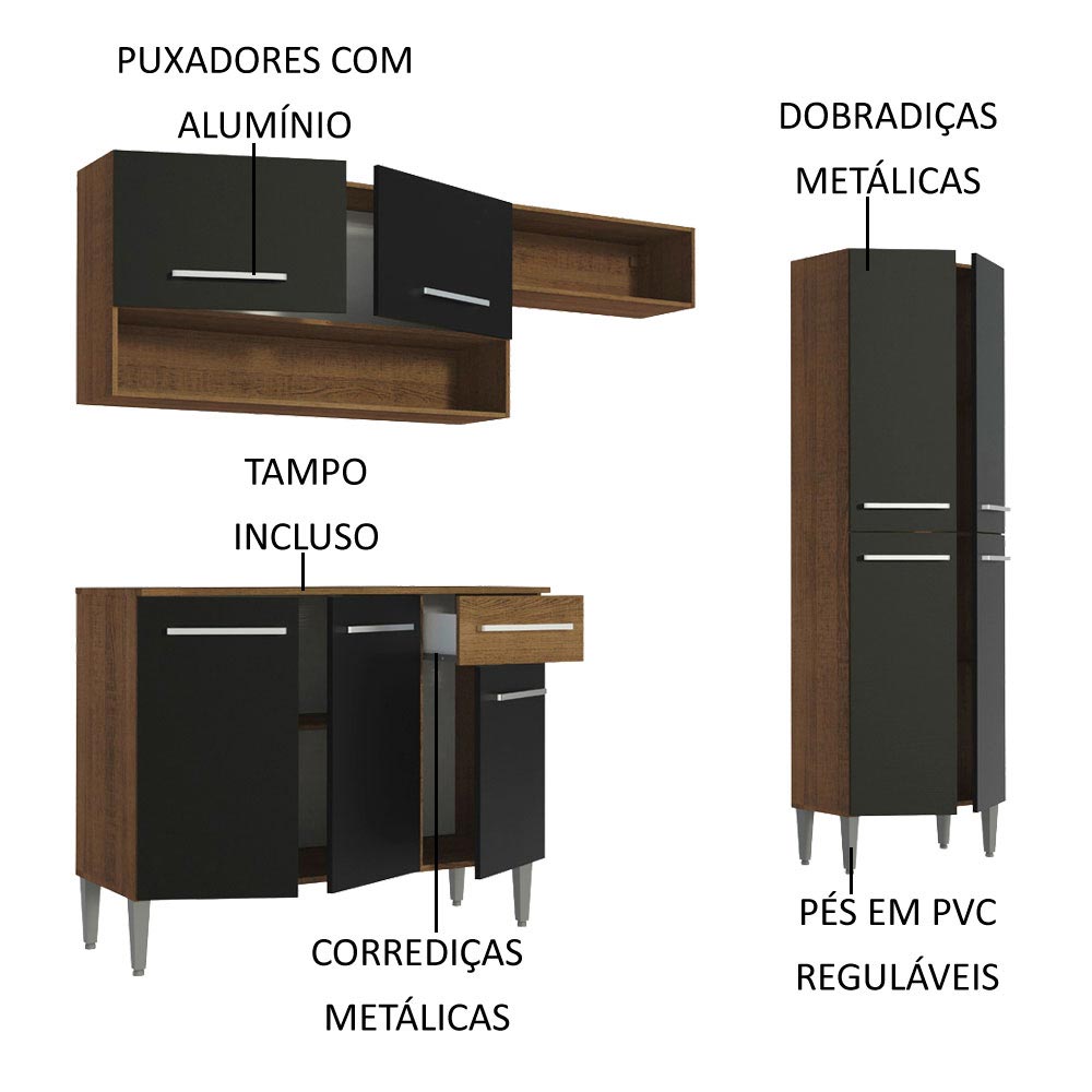 Armário de Cozinha Compacta Madesa Emilly Pop com Balcão Rustic/Preto