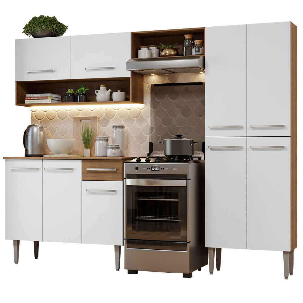Armário de Cozinha Compacta Madesa Emilly Pop com Balcão Rustic/Branco - Rustic/Branco